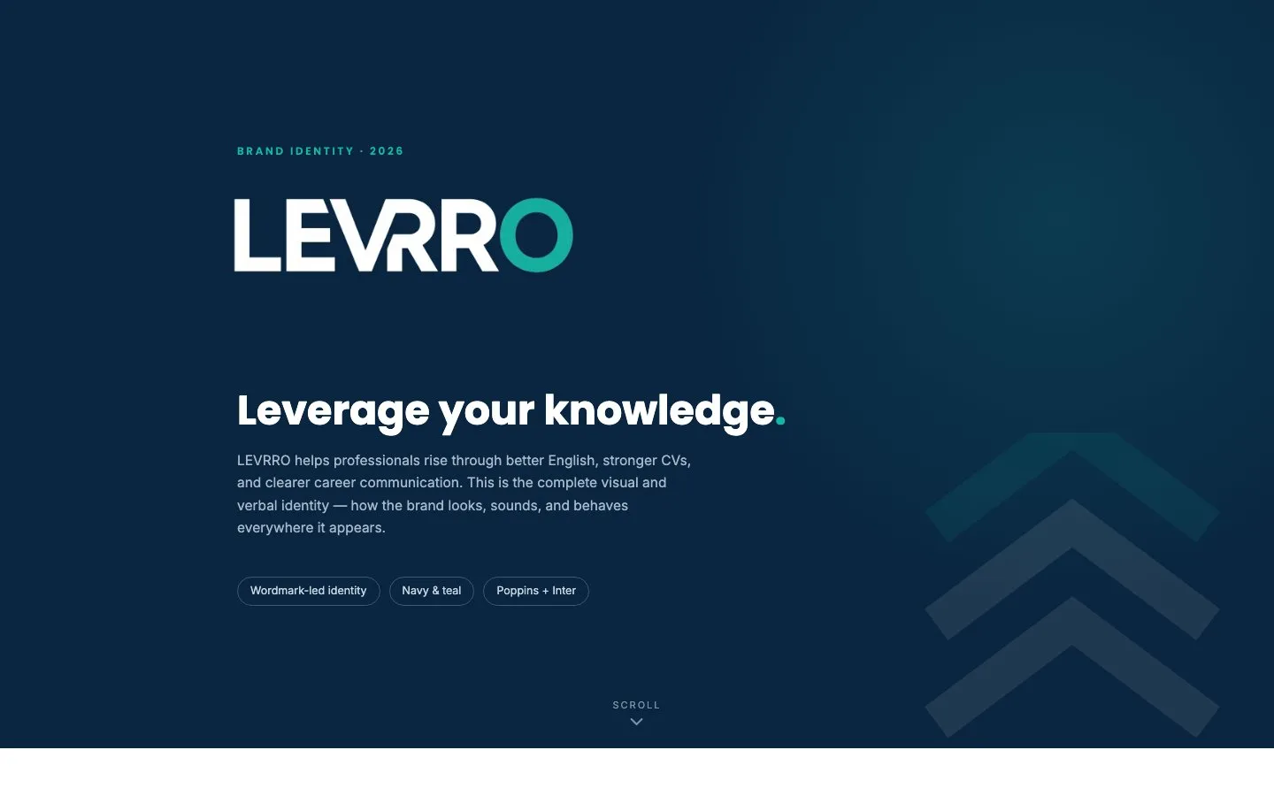 The LEVRRO brand guide, a navy and teal wordmark above the line "Leverage your knowledge."