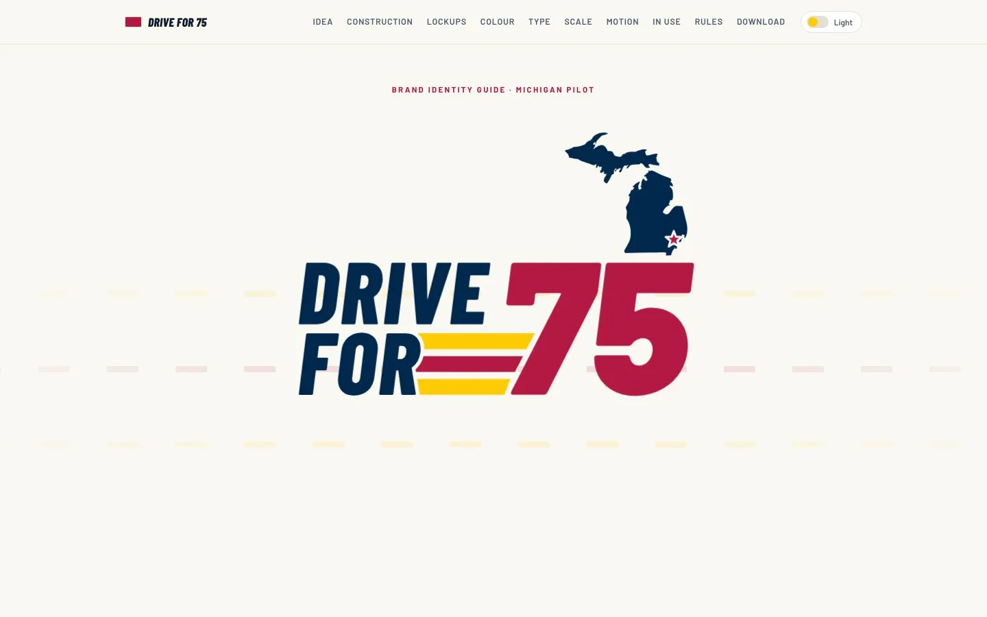 The Drive for 75 brand guide, with the Michigan map and a star over Detroit above the words Drive for 75