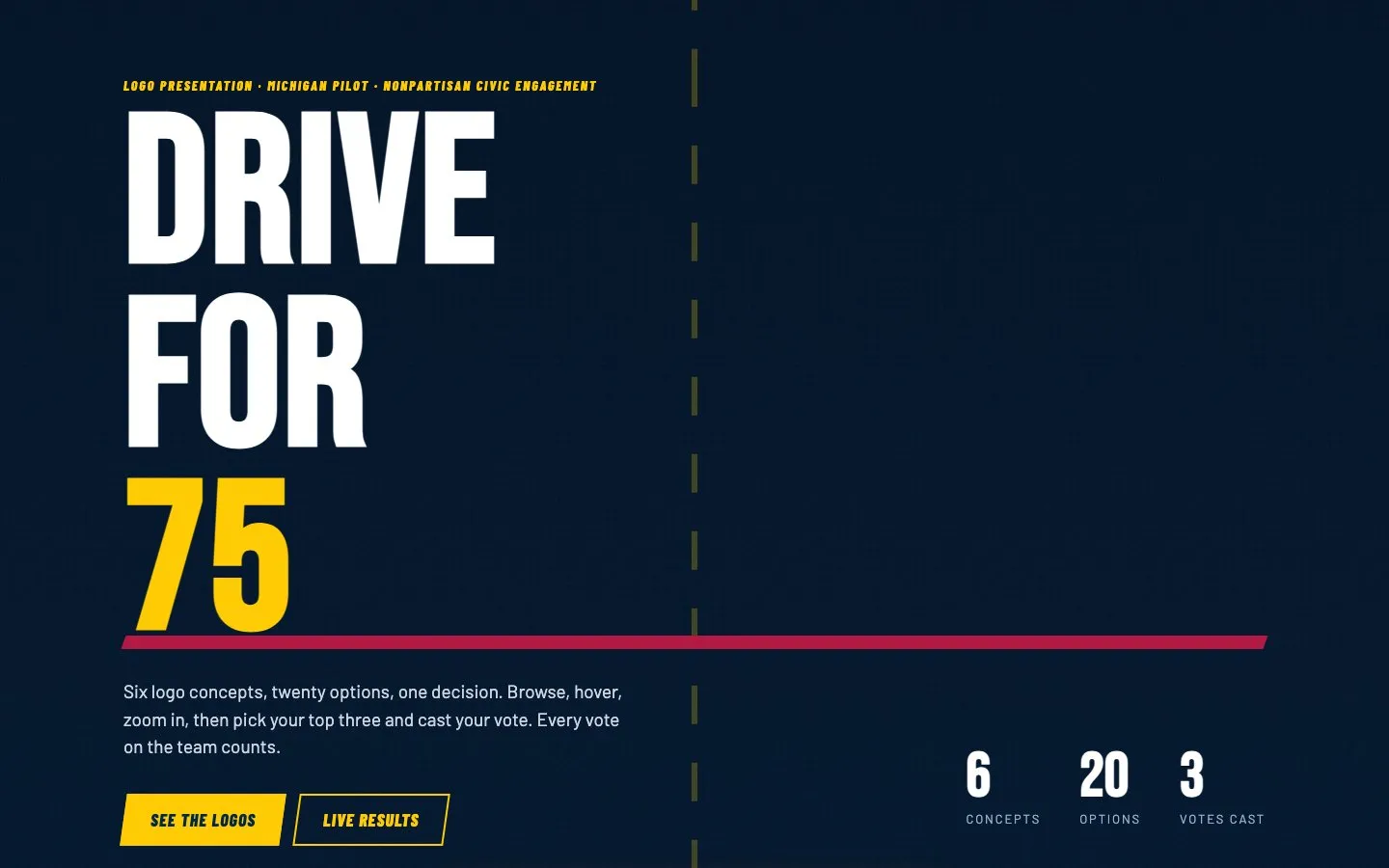 The concept archive, with six logo concepts and twenty options for the team to vote on