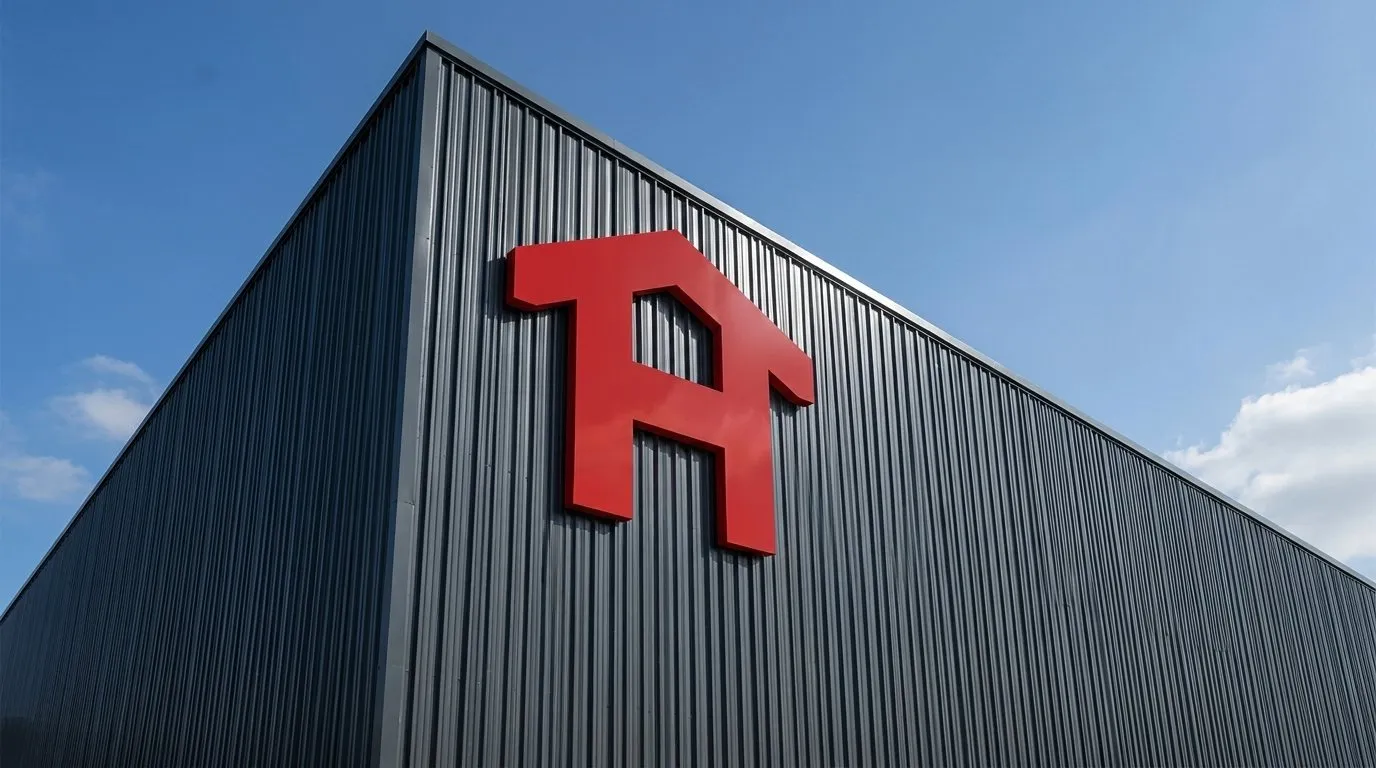 The red H emblem as a large sign on the dark facade of a steel building