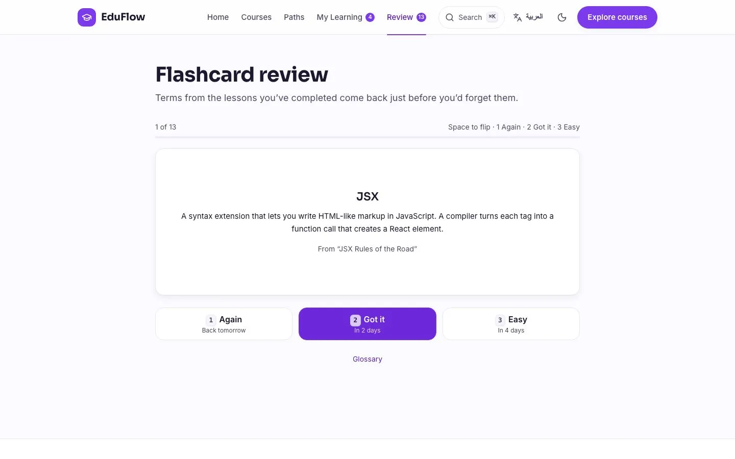A flashcard review that brings back terms from finished lessons