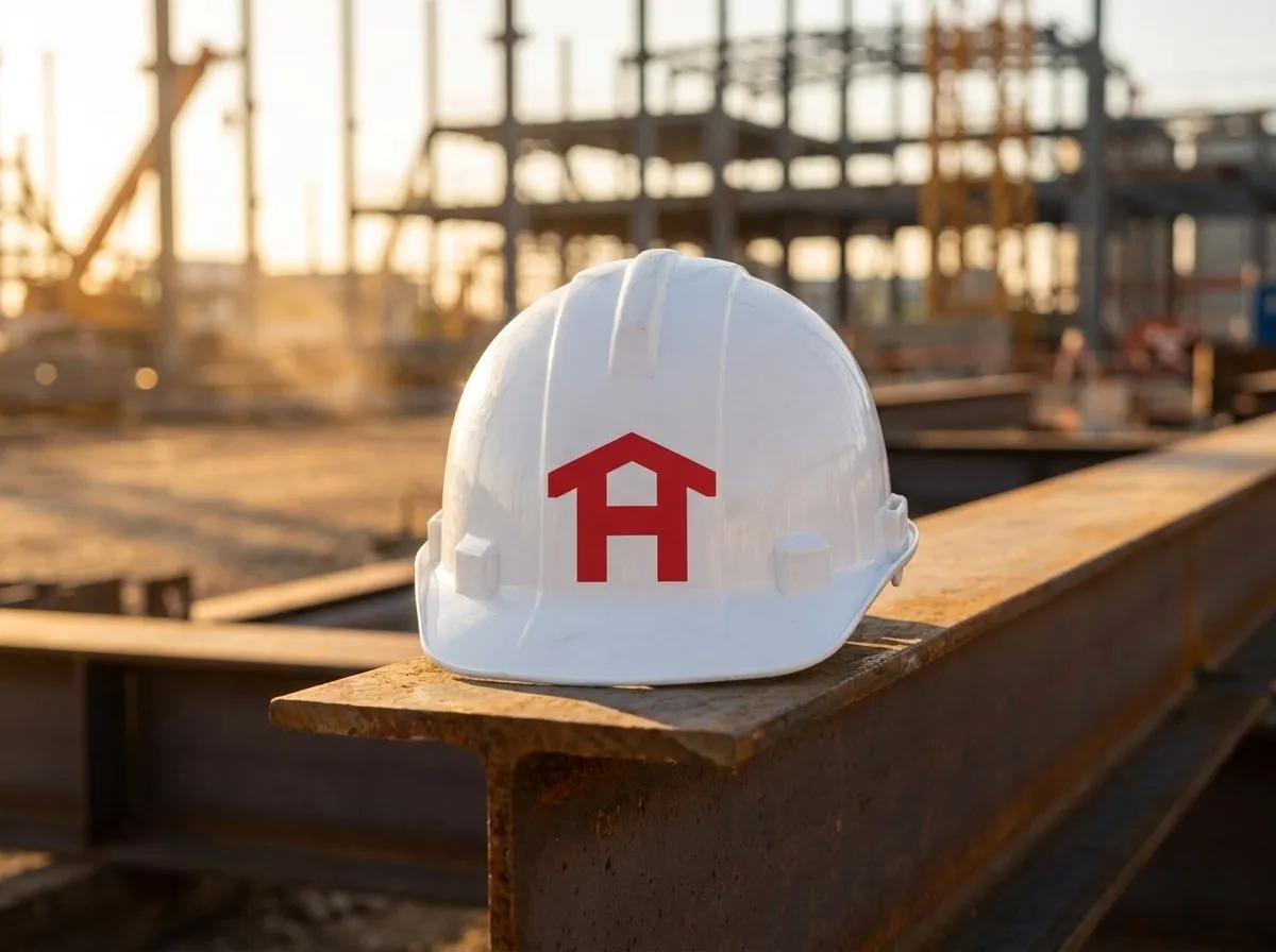 The emblem on a white hard hat resting on a steel beam