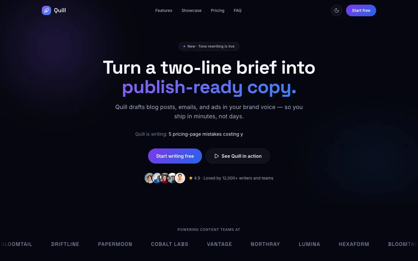 Quill AI's first screen, "Turn a two-line brief into publish-ready copy.", on a dark background
