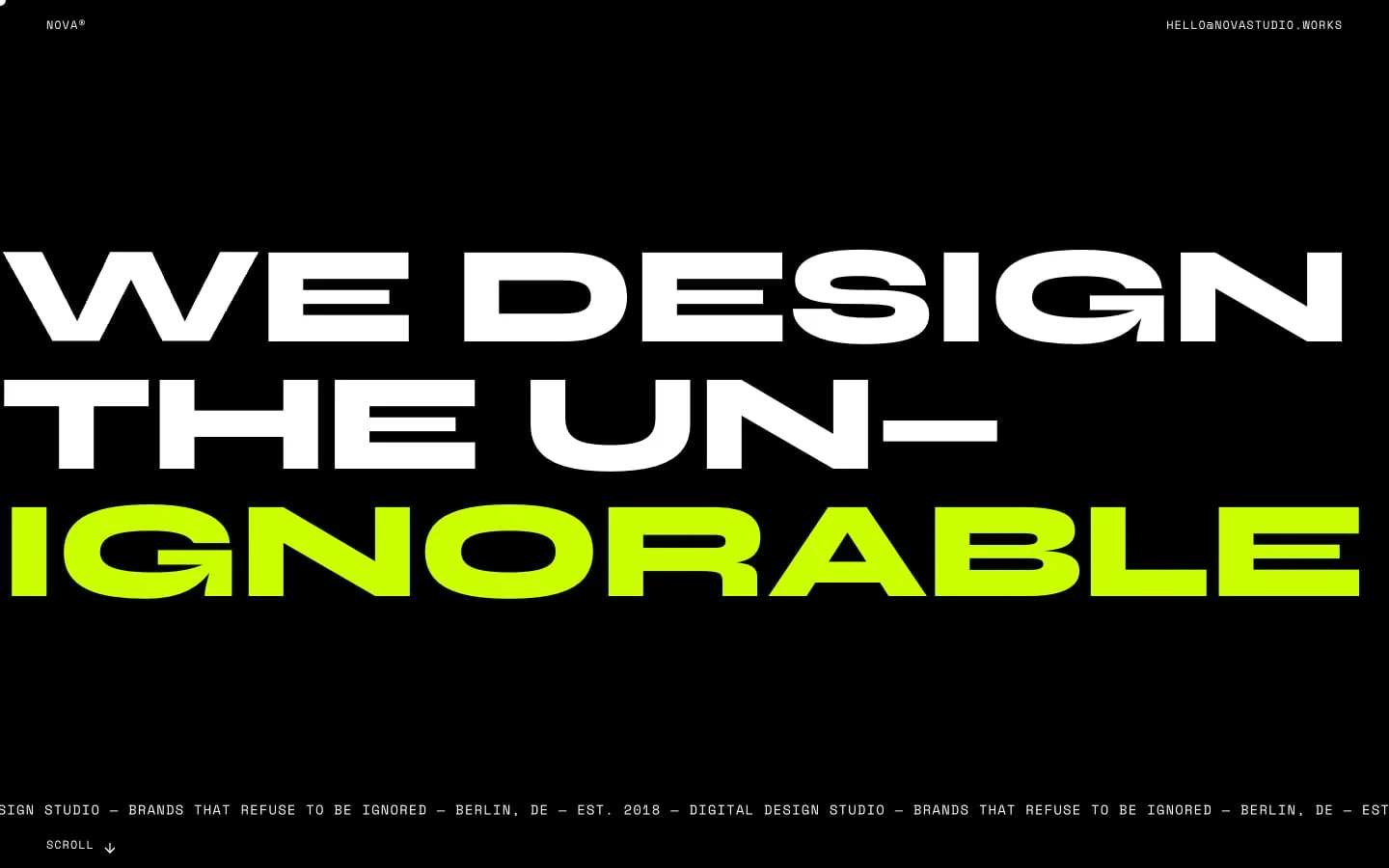 Nova Studio's hero, "We design the un-ignorable" in huge white and acid-green capitals on black