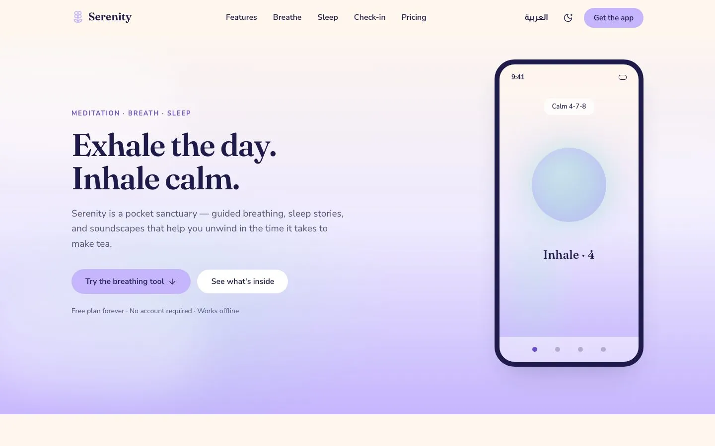 Serenity's hero, "Exhale the day. Inhale calm.", beside a phone showing a breathing screen