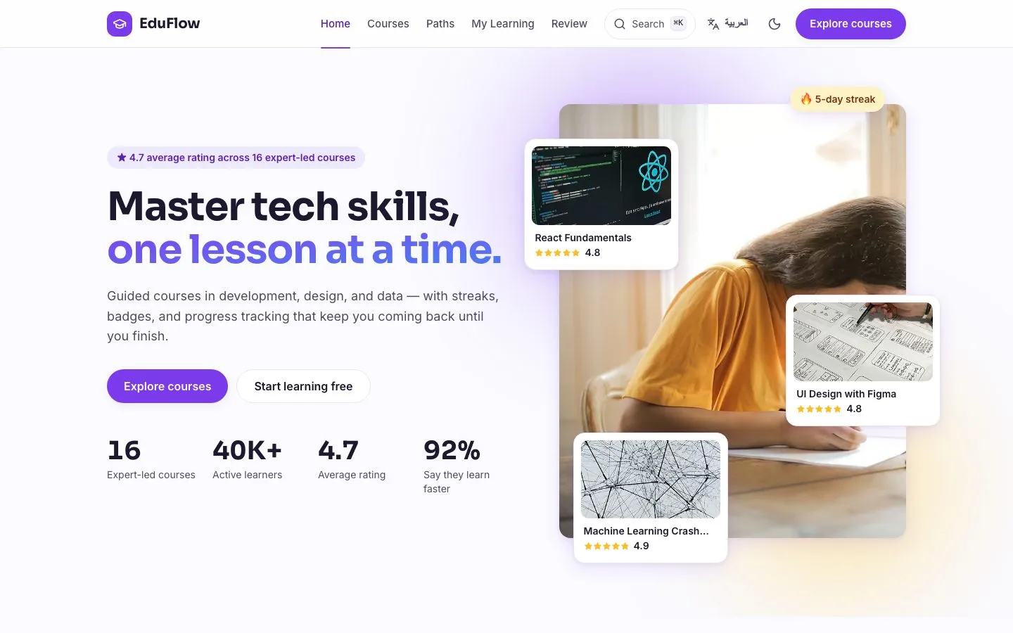 The EduFlow home page with the headline "Master tech skills, one lesson at a time" and floating course cards