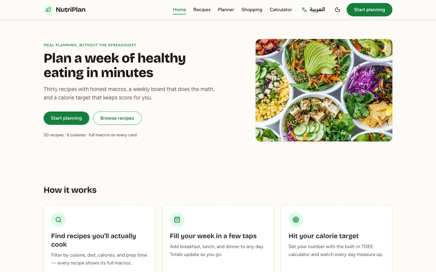 NutriPlan's home page, "Plan a week of healthy eating in minutes", beside a table of colorful bowls