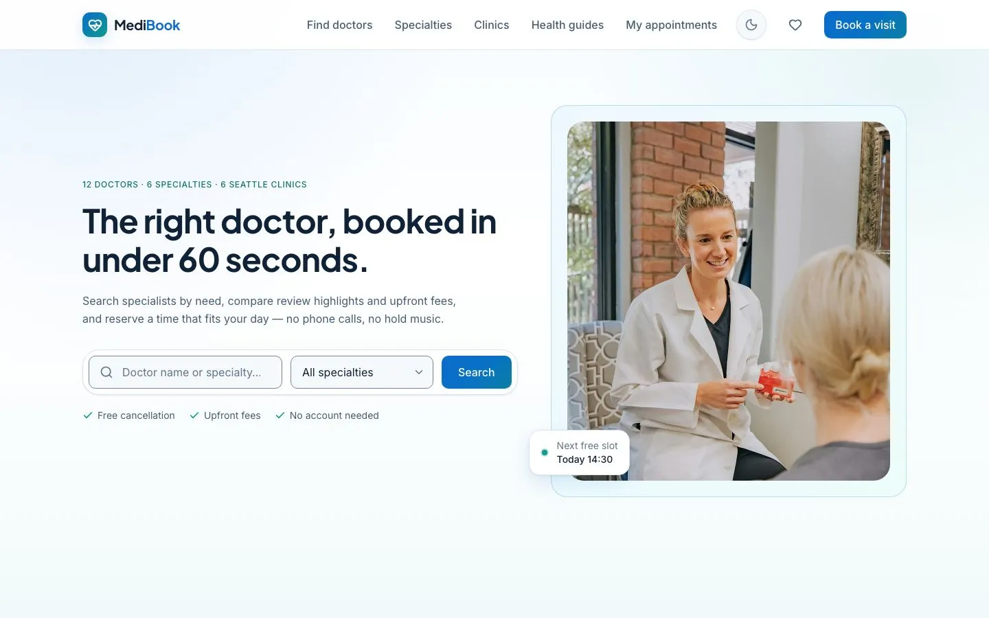 MediBook's home page, "The right doctor, booked in under 60 seconds.", with a doctor search box