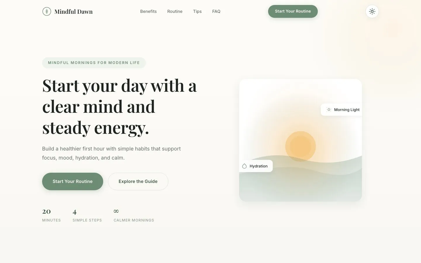 Mindful Dawn's hero, "Start your day with a clear mind and steady energy.", beside a soft sunrise