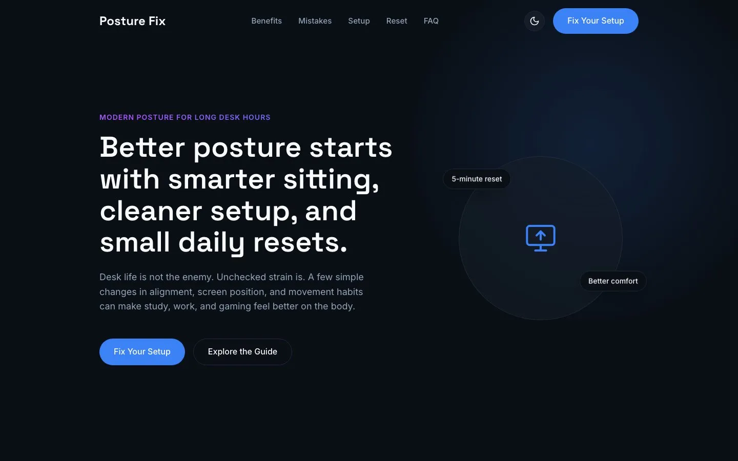Posture Fix's hero on a dark background, "Better posture starts with smarter sitting, cleaner setup, and small daily resets."