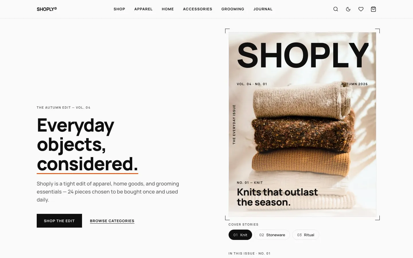 Shoply's home page, "Everyday objects, considered.", beside a magazine-style cover of folded knits