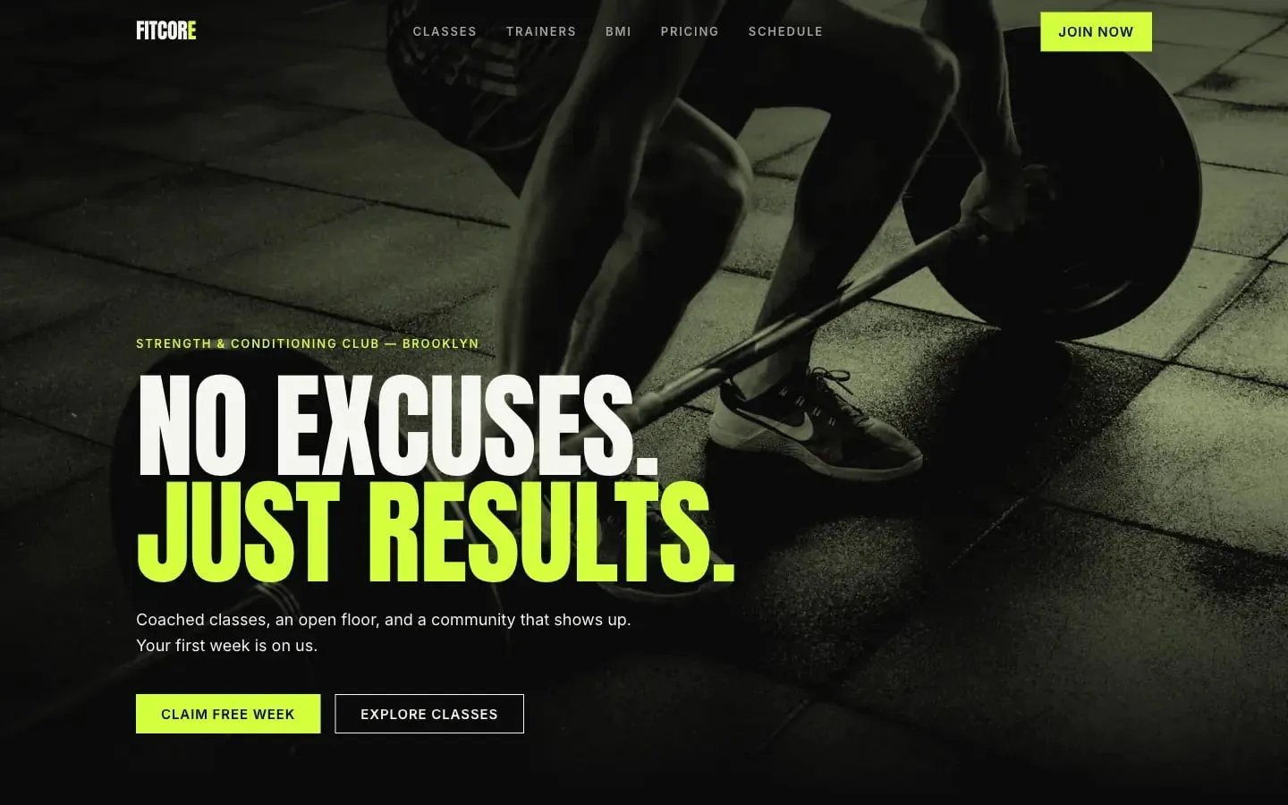 FitCore's hero, "No excuses. Just results.", in big type over a dark gym photo