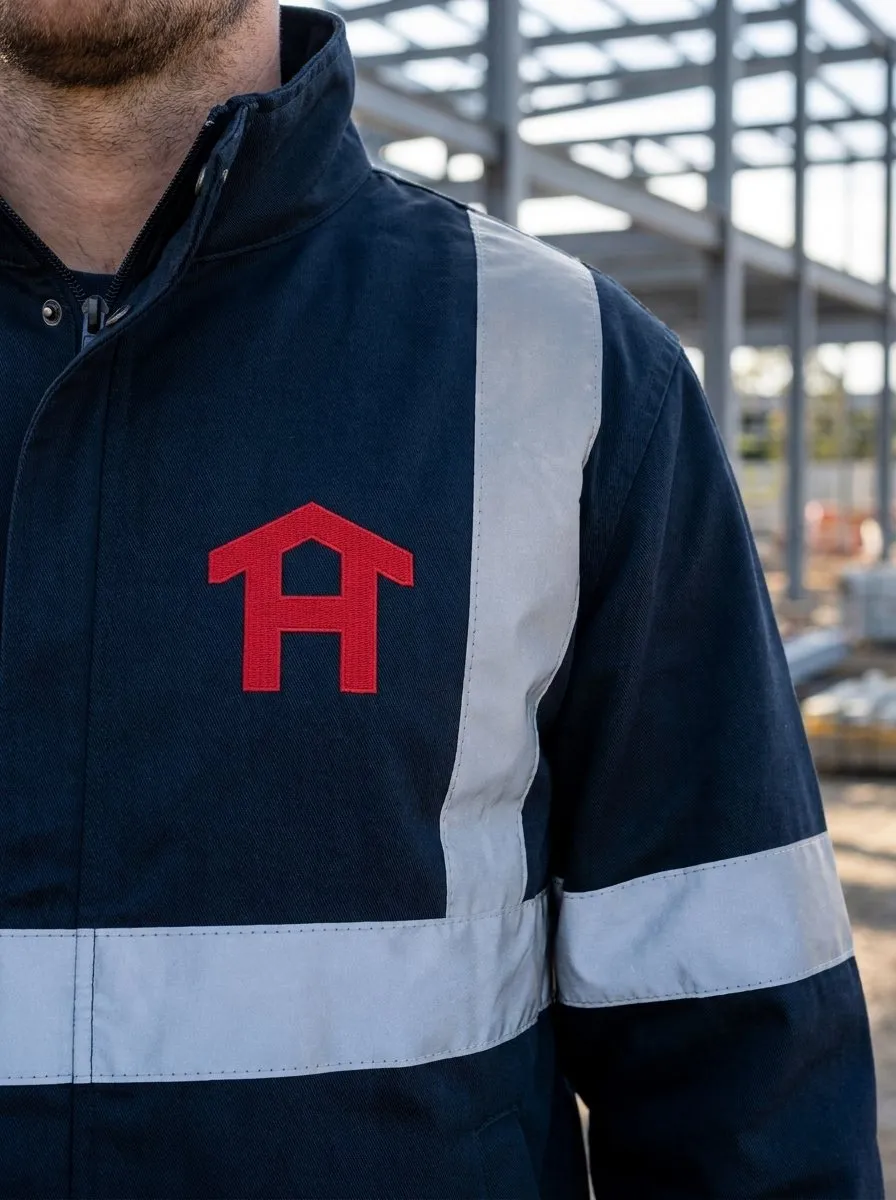 The emblem on a navy work jacket with reflective stripes