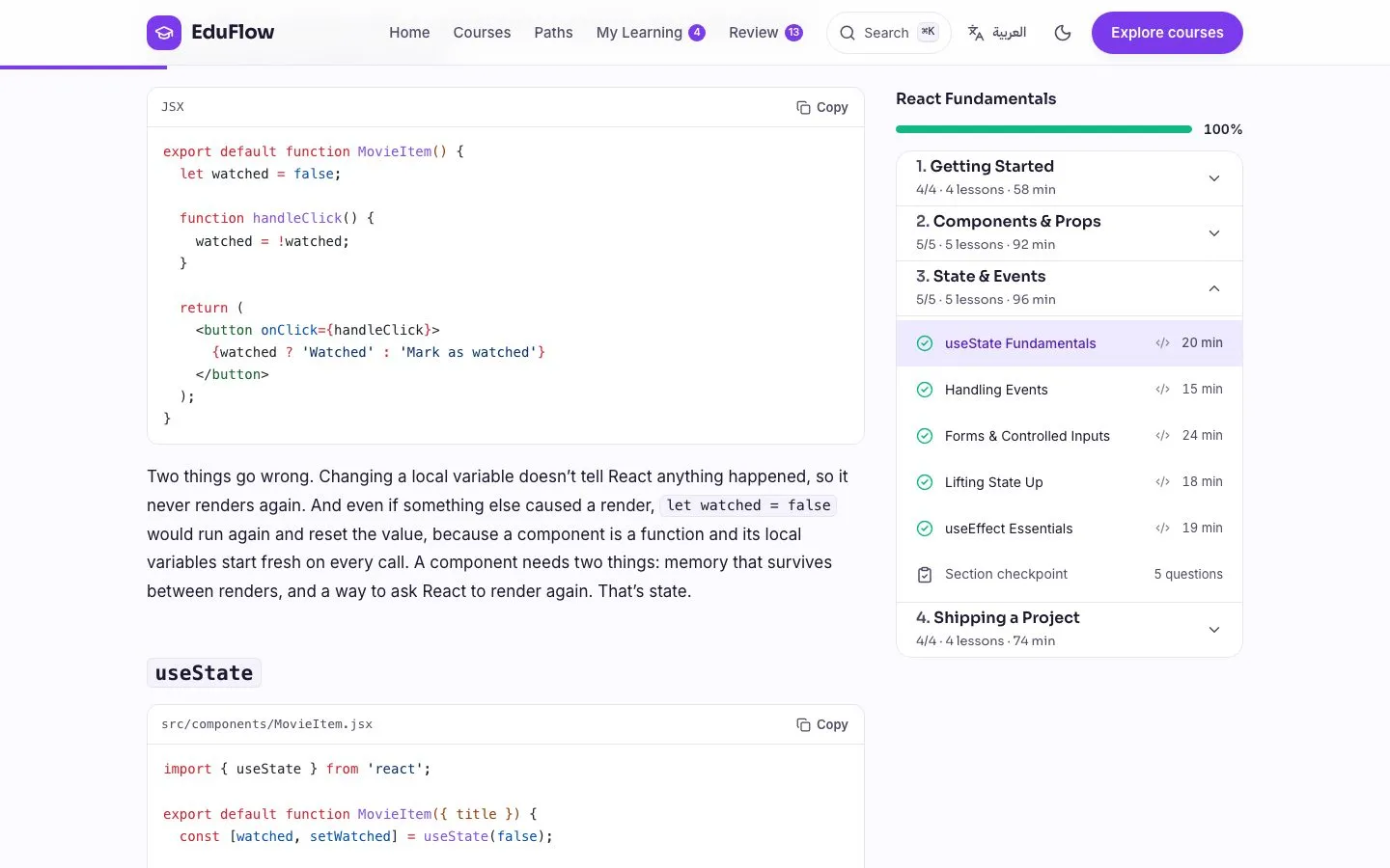 A React lesson with highlighted code and the course outline beside it