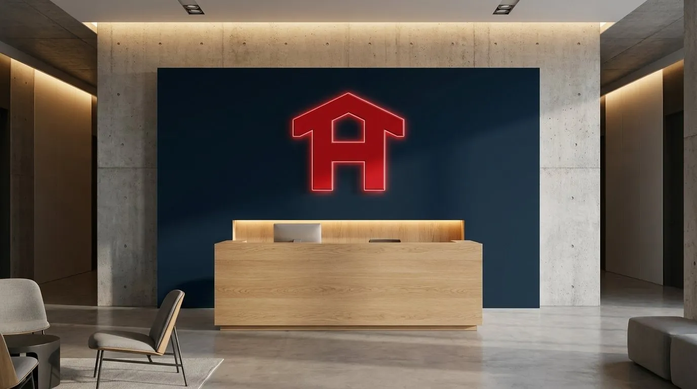 The emblem lit up on a navy wall behind a reception desk