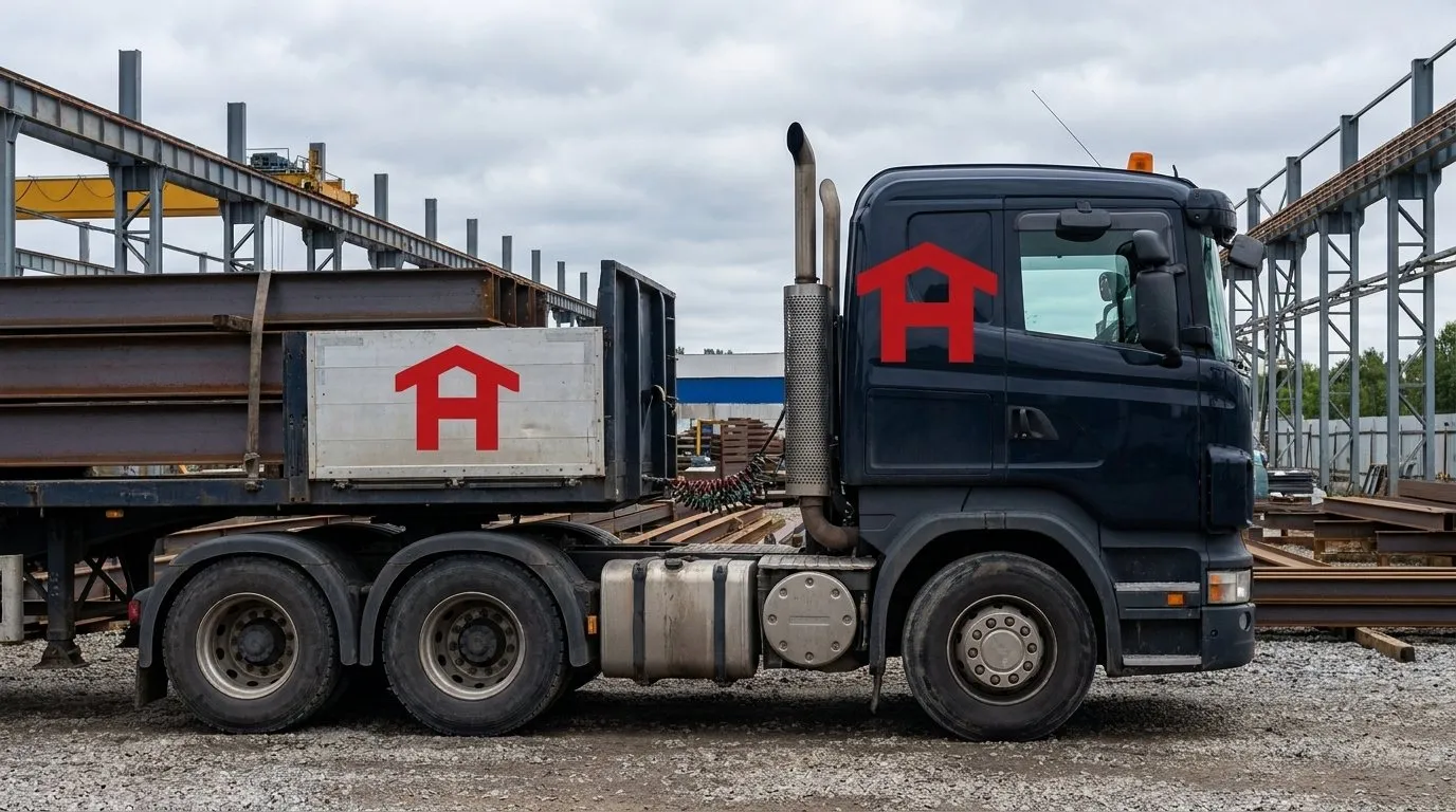 The emblem on the cab and trailer of a truck carrying steel beams