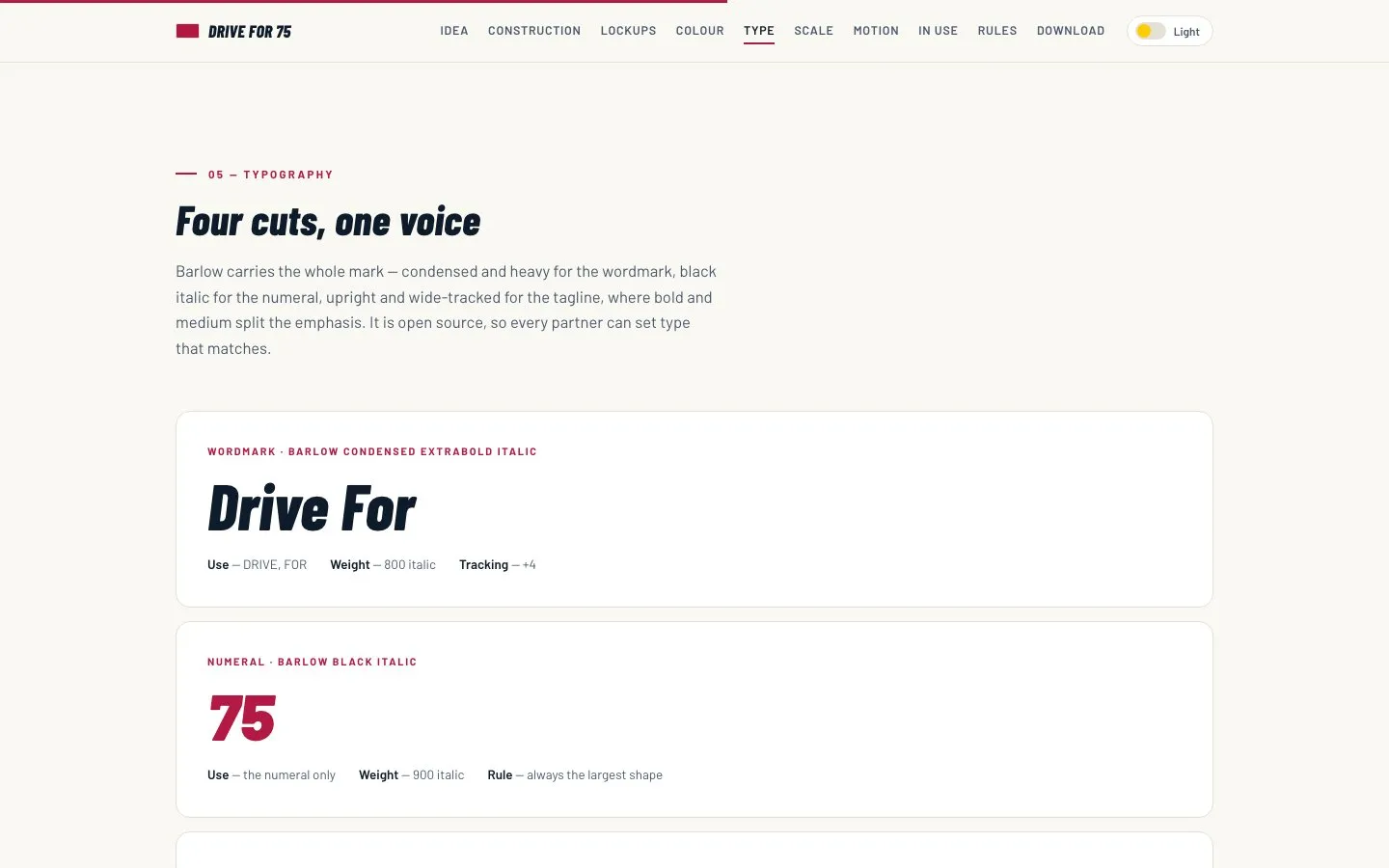 The Barlow type cuts for the wordmark, the numeral and the tagline