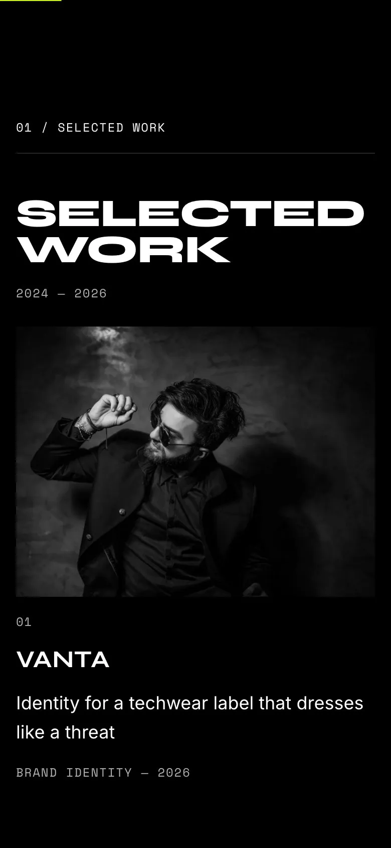 The Selected work section on a phone, with the projects stacked